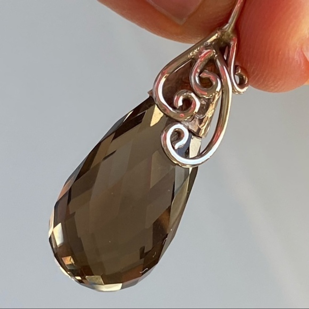 925 Sterling Silver Brown Genuine Smoky Quartz Briolette Gemstone Pendant